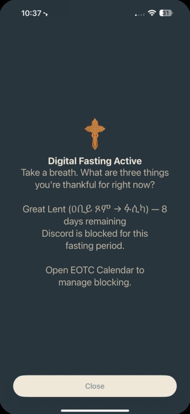 Digital Fasting Active: a blocked app during Great Lent, eight days remaining, with the question: what are three things you're thankful for right now?