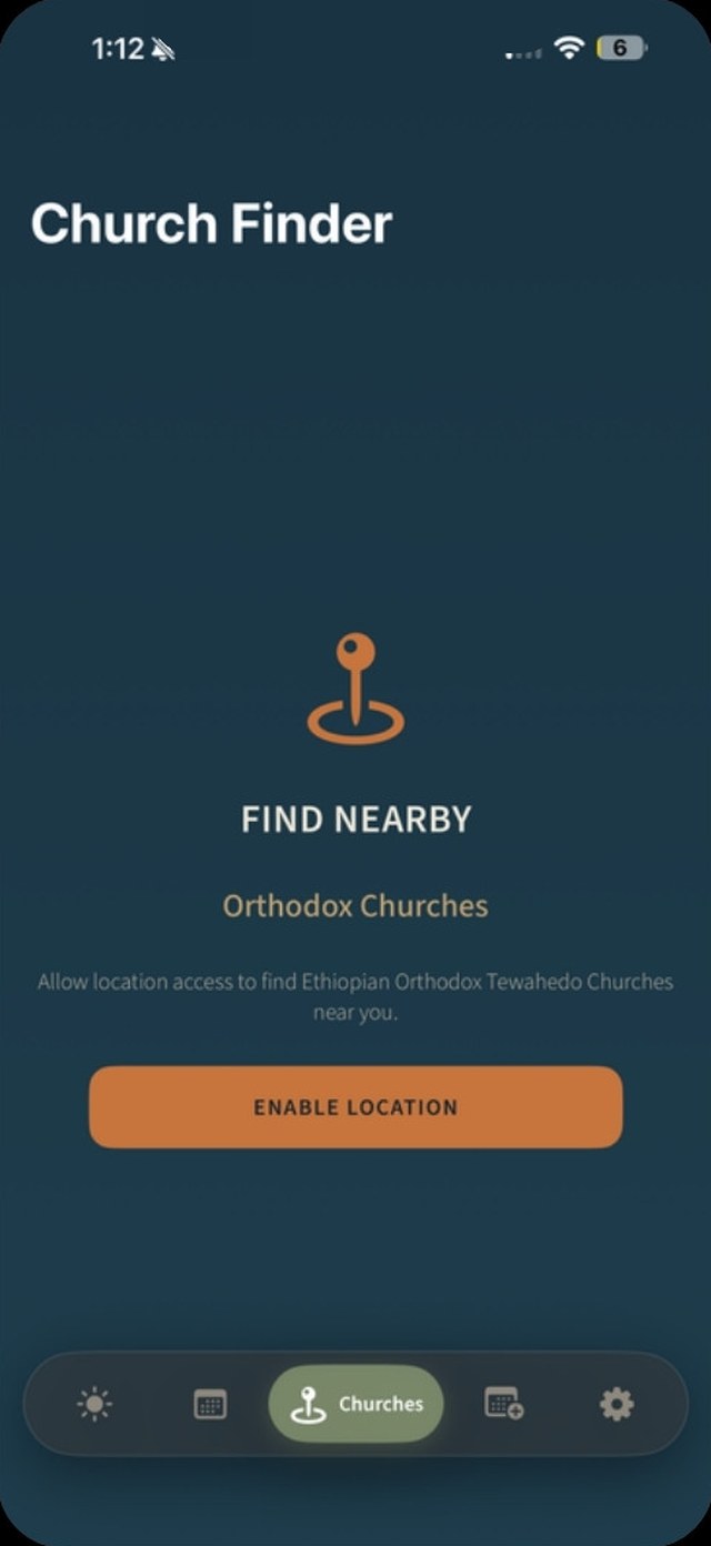 Church Finder: find nearby Ethiopian Orthodox Tewahedo churches once location is allowed