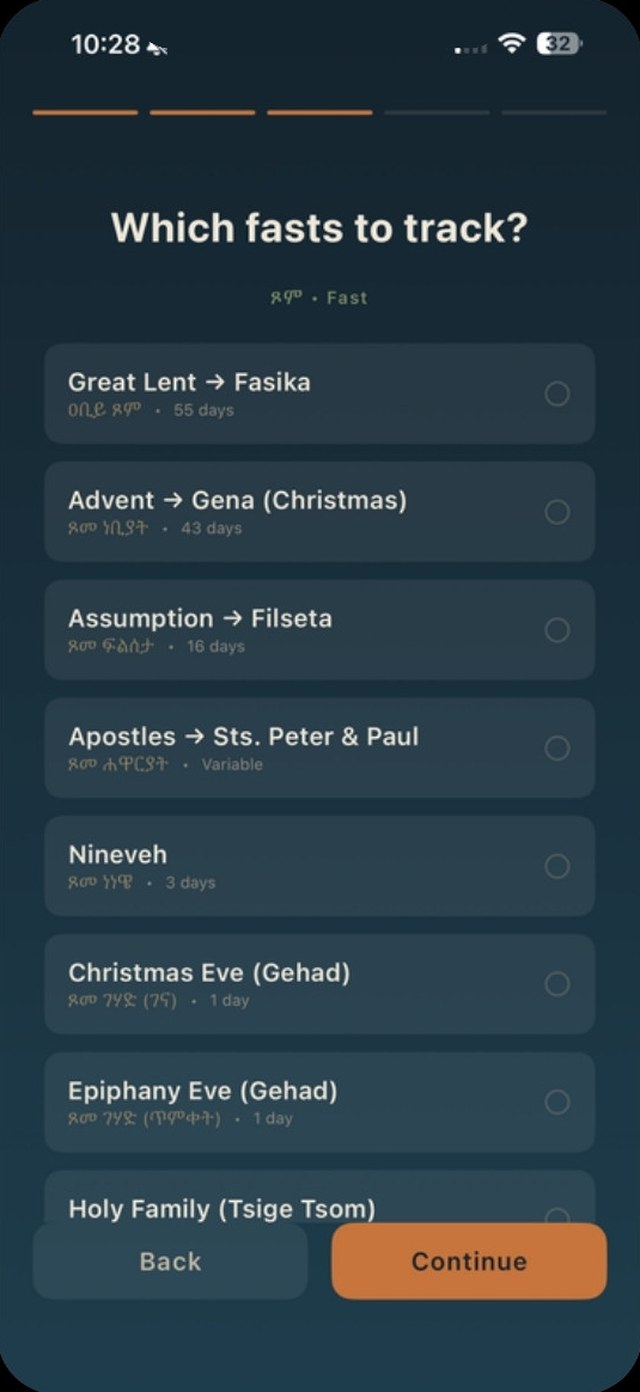 Choosing which fasts to track: Great Lent, Advent, Assumption, Apostles, Nineveh, and the Christmas and Epiphany eves
