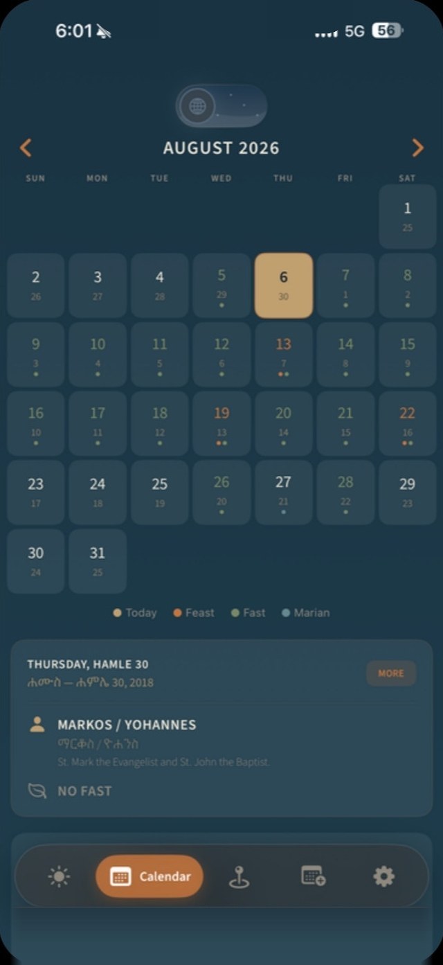 Month view for August 2026 with each day's Ethiopian date and feast, fast and Marian days marked; below, Thursday Hamle 30 with its saint and no fast