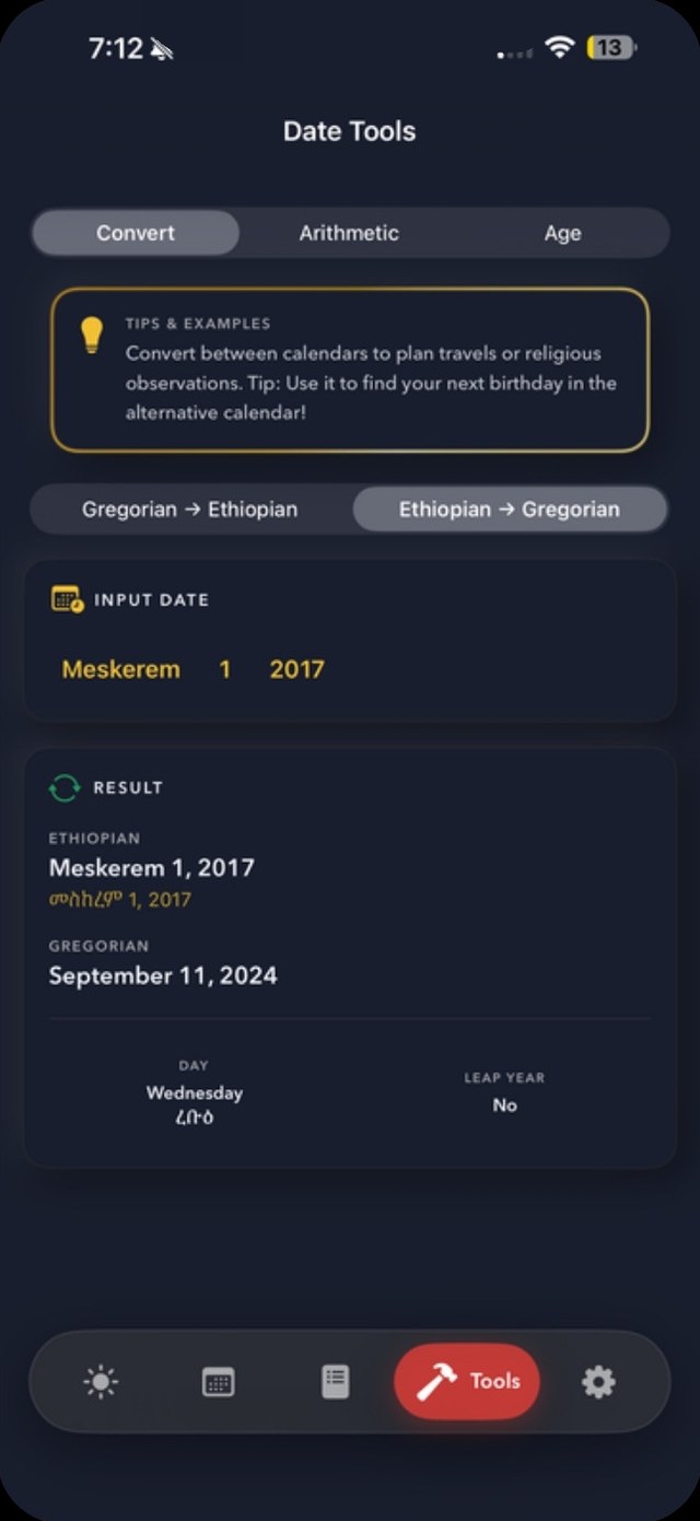 Date Tools converting Meskerem 1, 2017 to September 11, 2024, a Wednesday, not a leap year