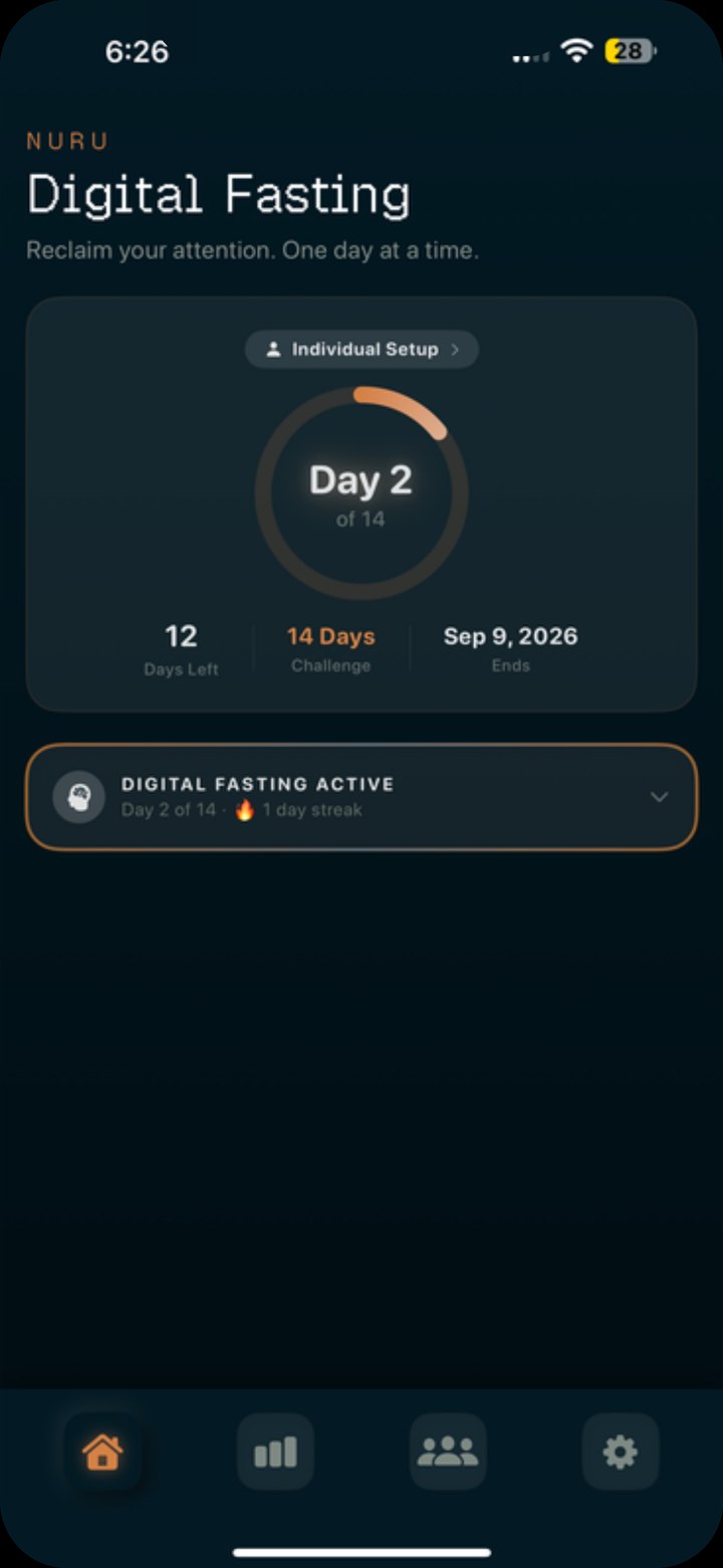 NURU home screen: day 2 of a 14-day digital fast, 12 days left