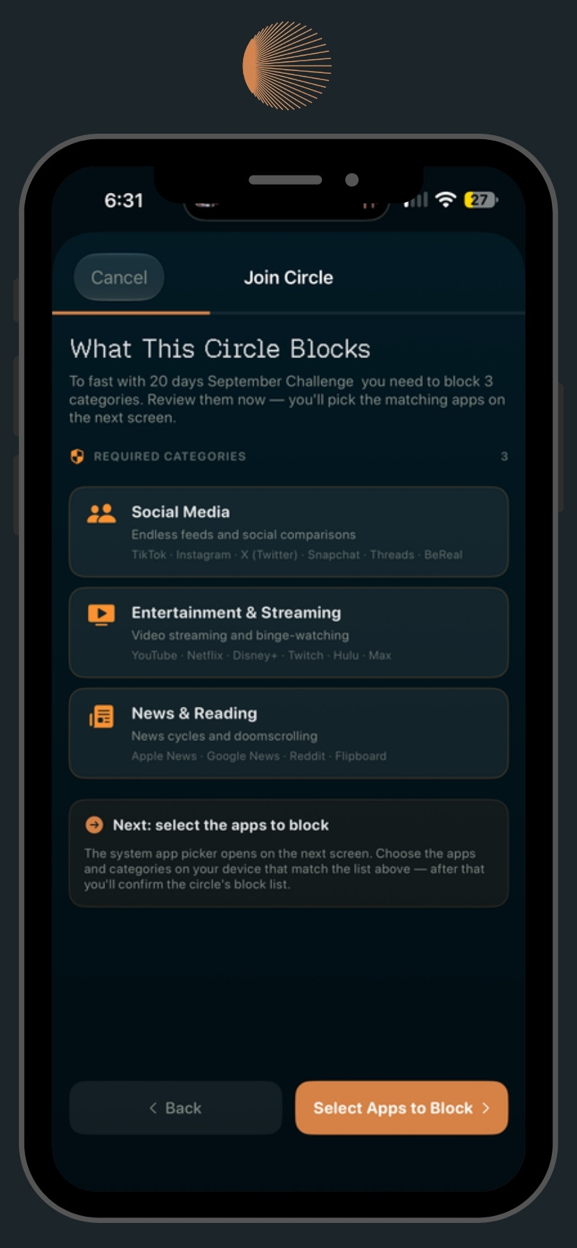 Required categories for a circle: social media, entertainment and streaming, news and reading