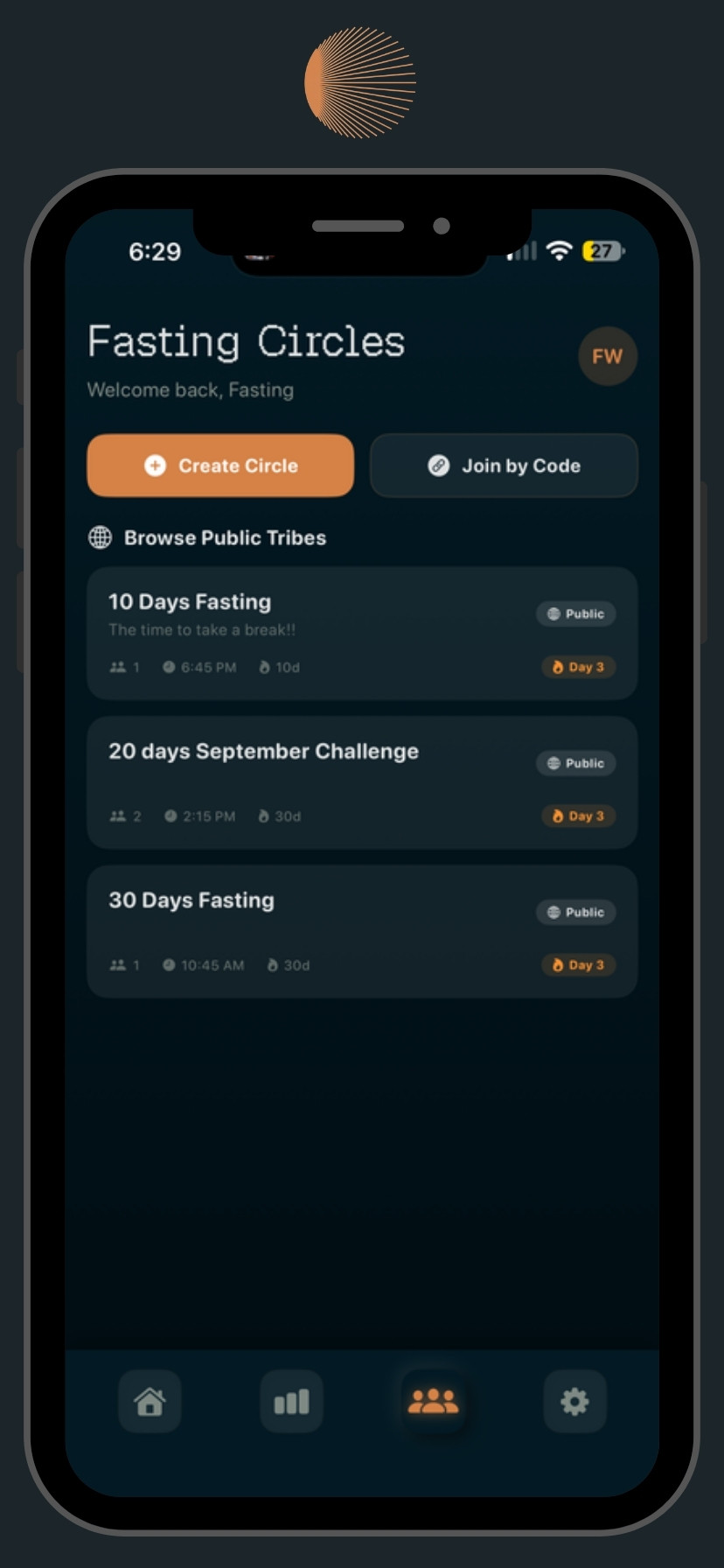 Fasting Circles screen listing public tribes to browse and join