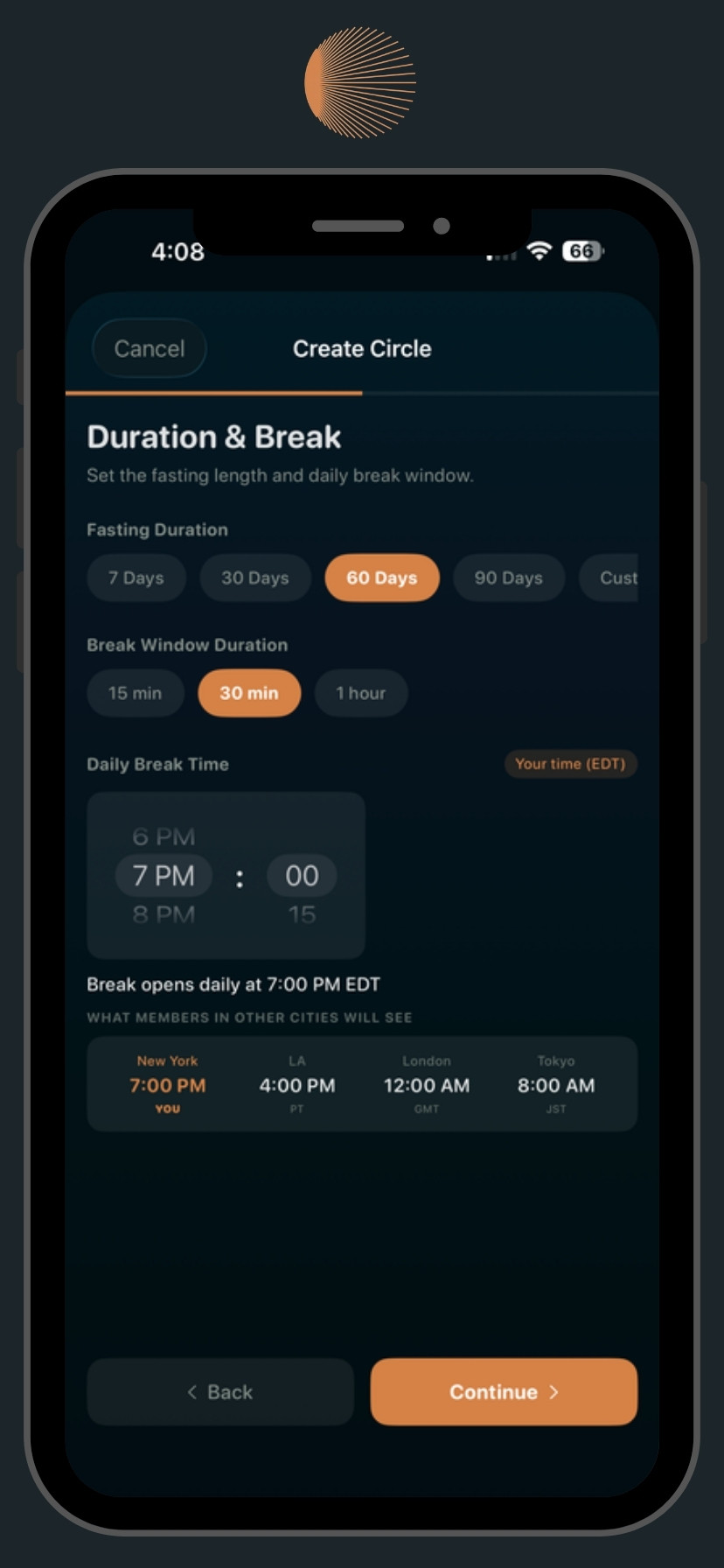 Creating a circle: setting fasting duration, break window, and daily break time across timezones