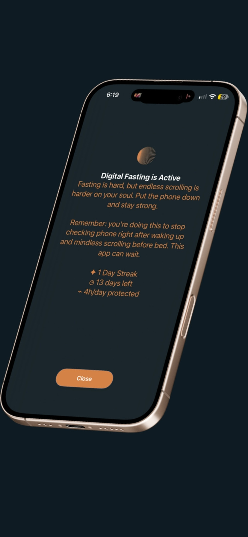 NURU showing an active digital fast with streak, days remaining, and hours protected