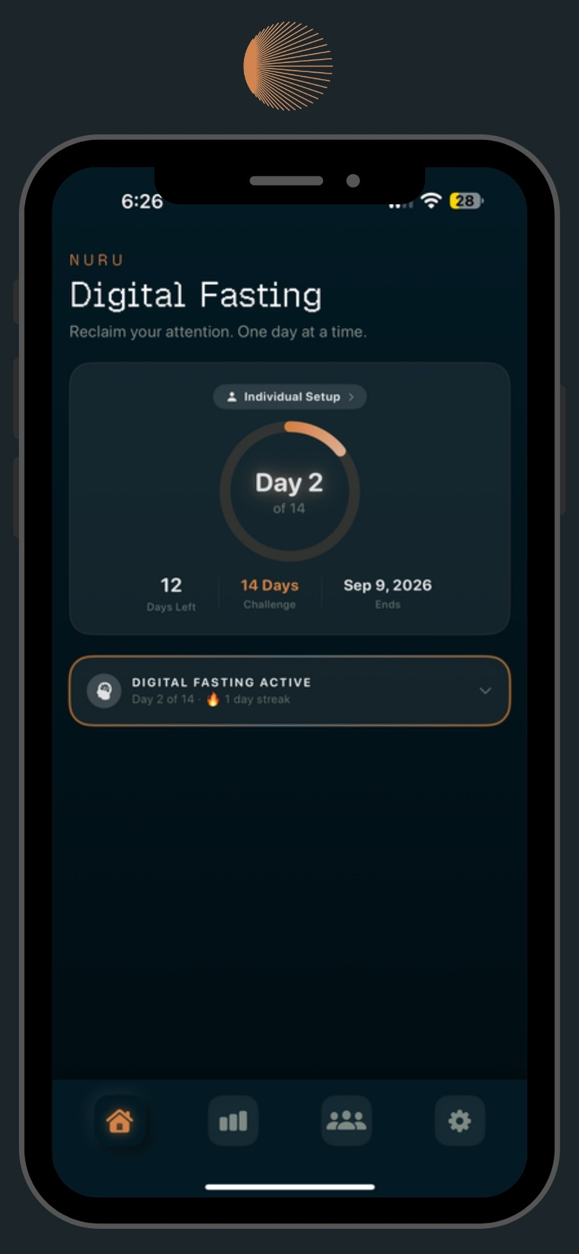 NURU home screen showing day 2 of a 14 day challenge with days left and end date