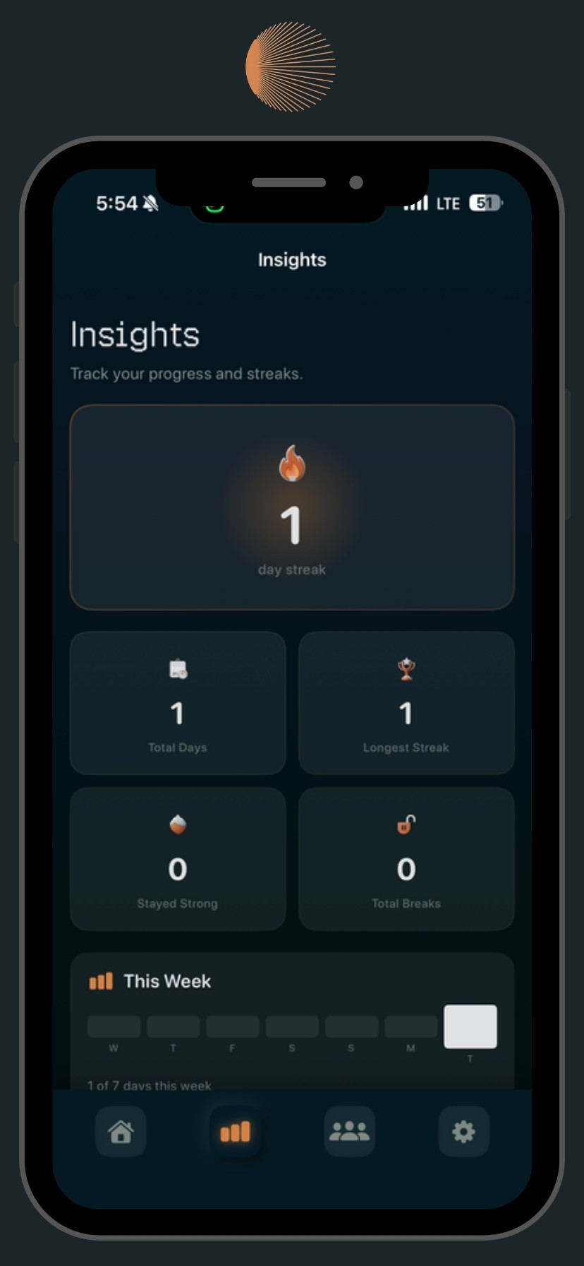 Insights screen showing day streak, total days, longest streak, and weekly progress