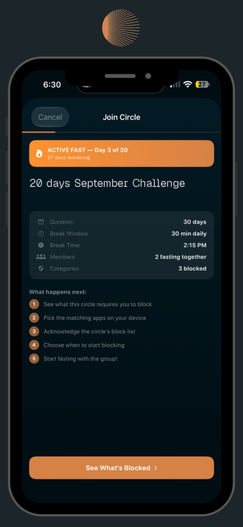 Joining a 20 day challenge showing duration, break window, members, and blocked categories