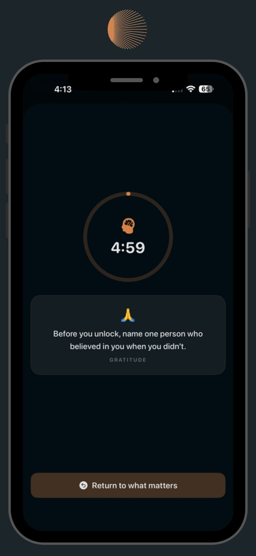 Mindful unlock timer with a gratitude reflection prompt before returning
